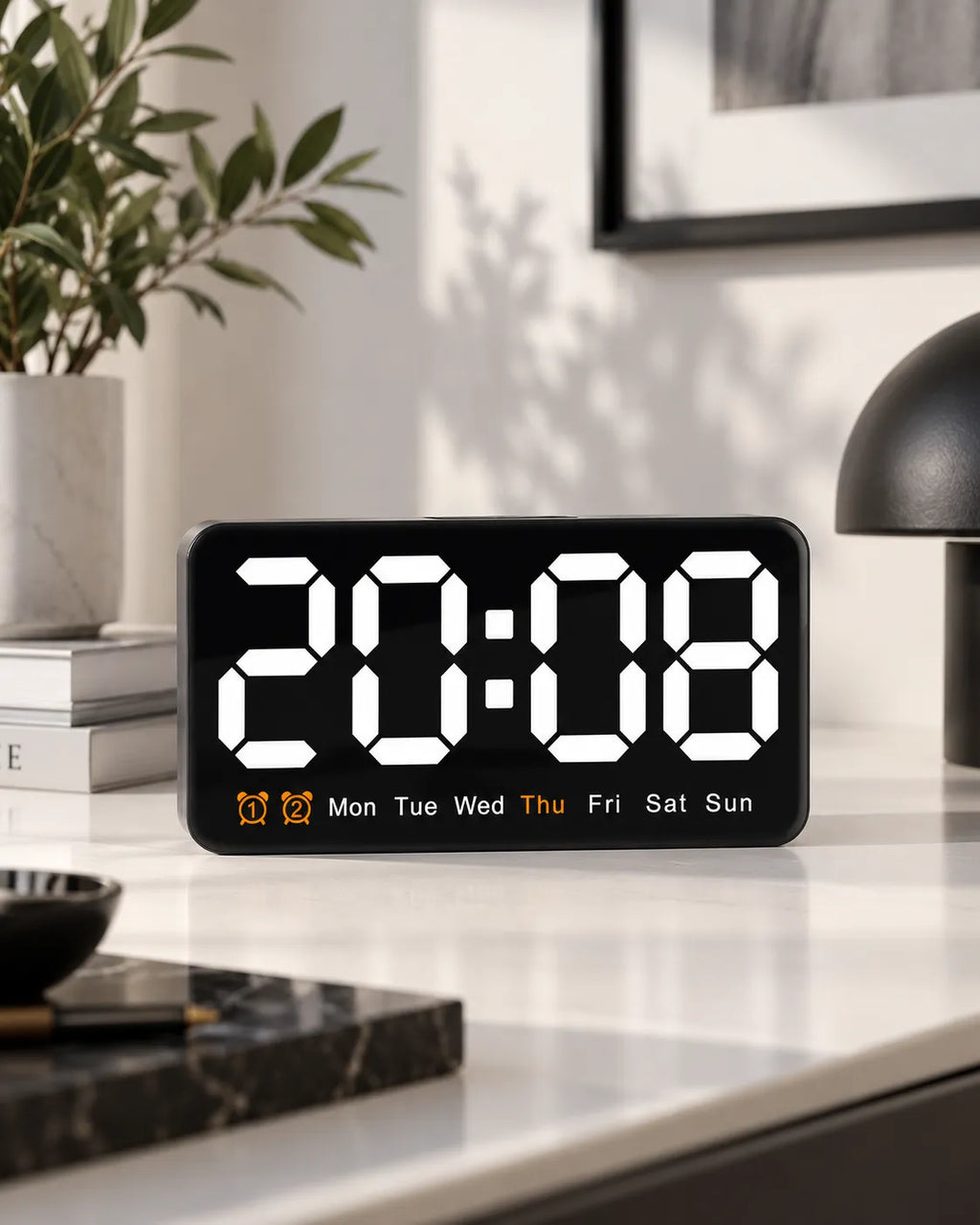 Horloge Murale LED 21,5 cm Activation Sonore et Double Alarme