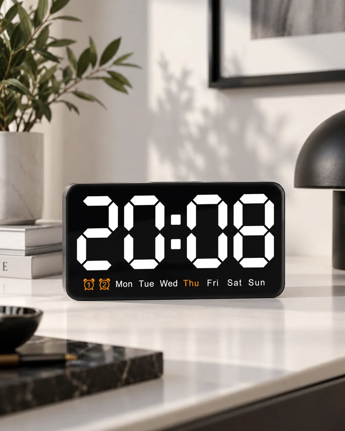 Horloge Murale LED 21,5 cm Activation Sonore et Double Alarme