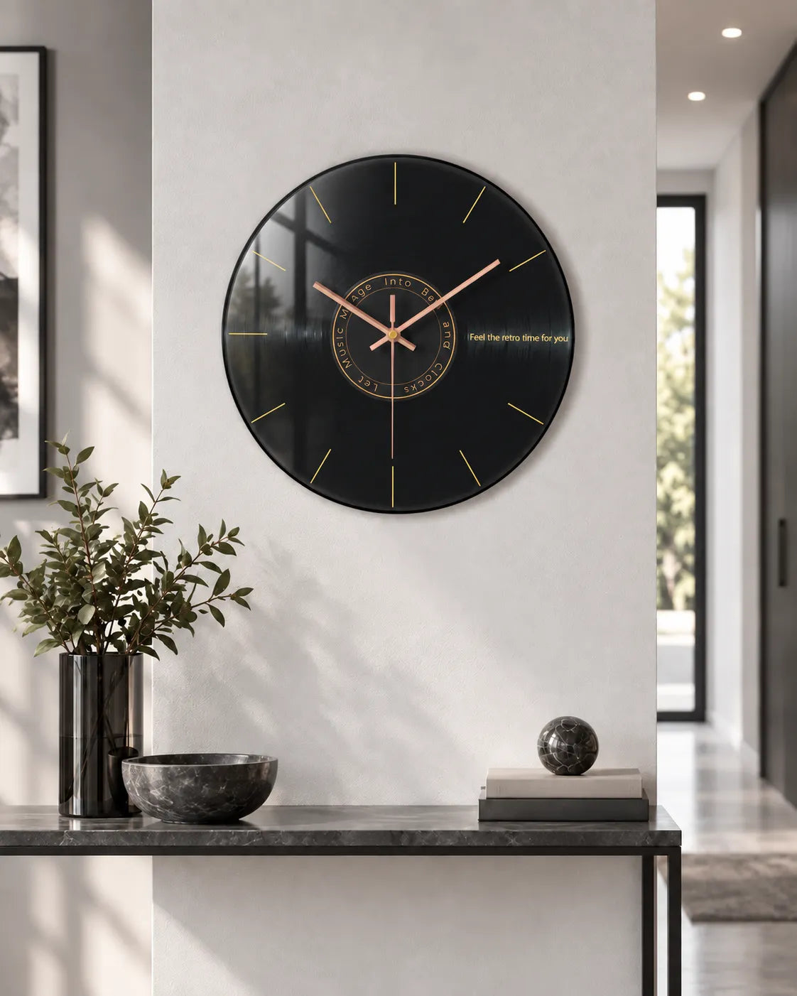 Horloge Murale Musique Verre Trempé Motif Vinyle Silencieuse