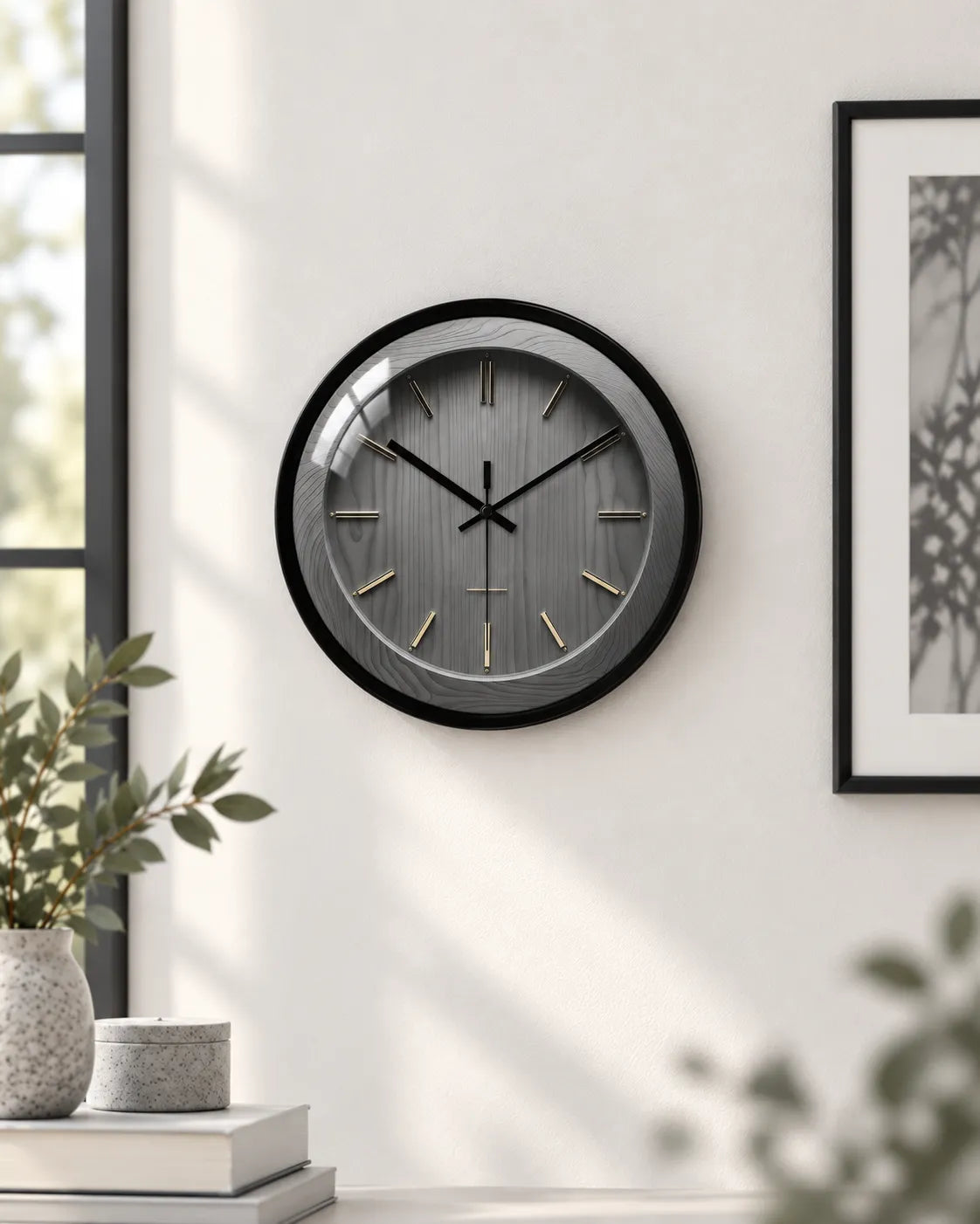 Horloge Murale Effet Bois Gris et Laiton Silencieuse
