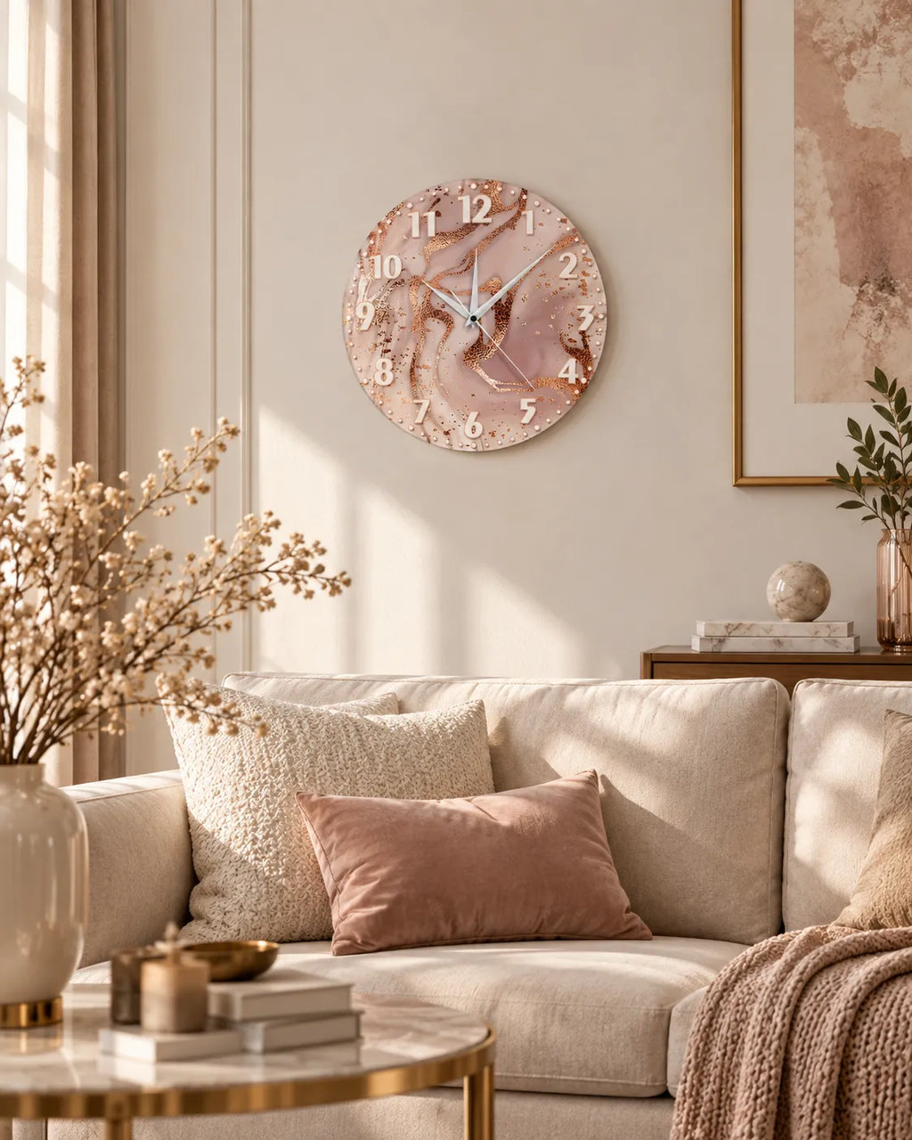 Horloge Murale Acrylique Effet Marbre Rose et Or Rose 30 cm Silencieuse