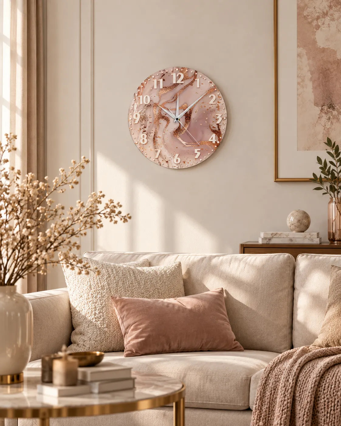 Horloge Murale Acrylique Effet Marbre Rose et Or Rose 30 cm Silencieuse