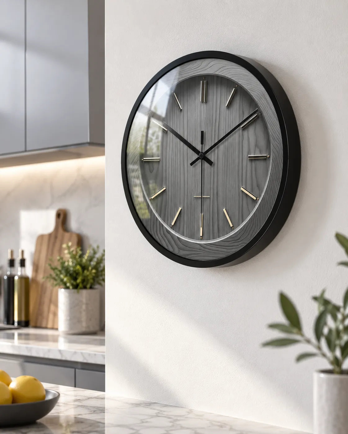 Horloge Murale Effet Bois Gris et Laiton Silencieuse