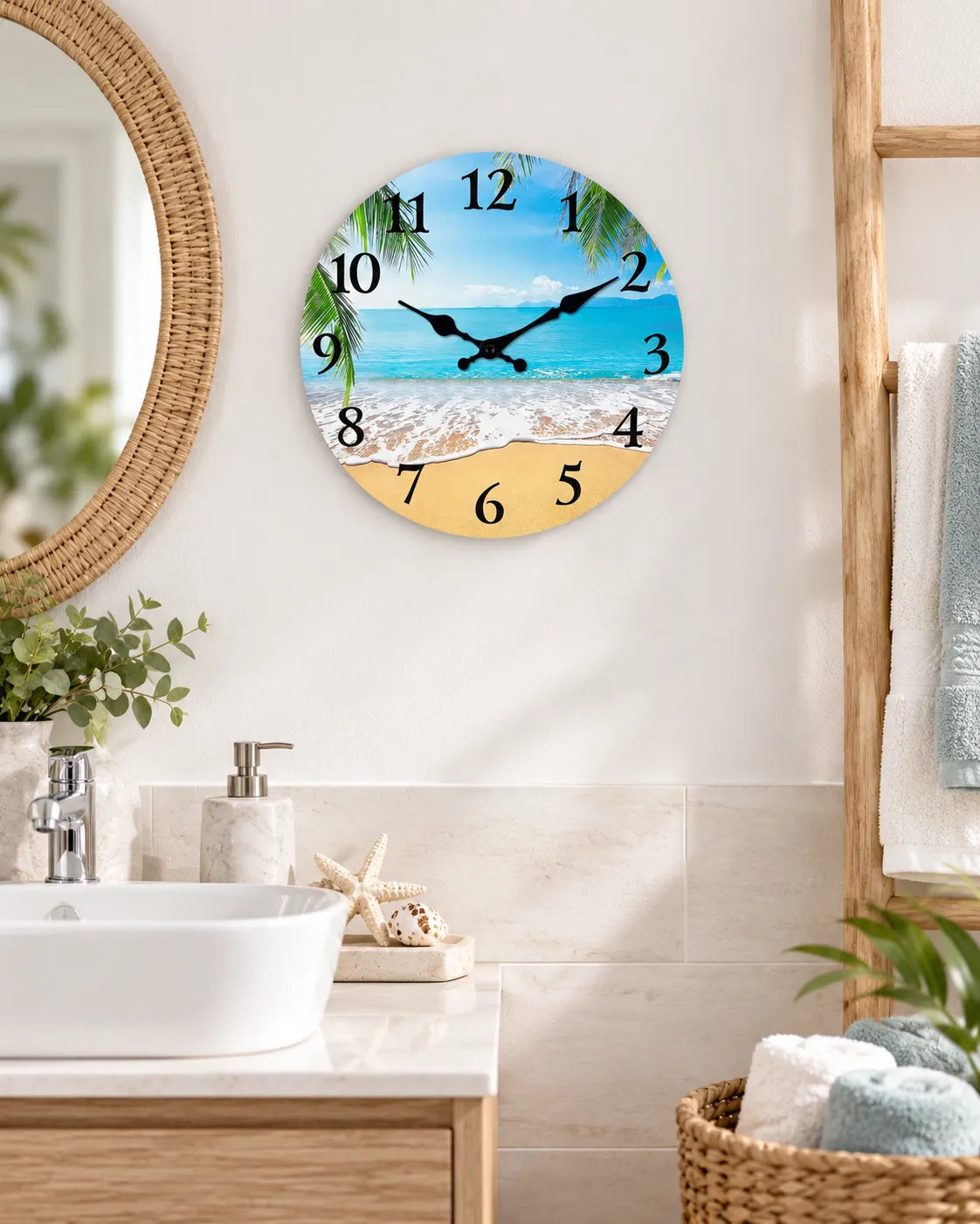 Horloge Murale Bois Motif Plage Silencieuse — 4 Tailles