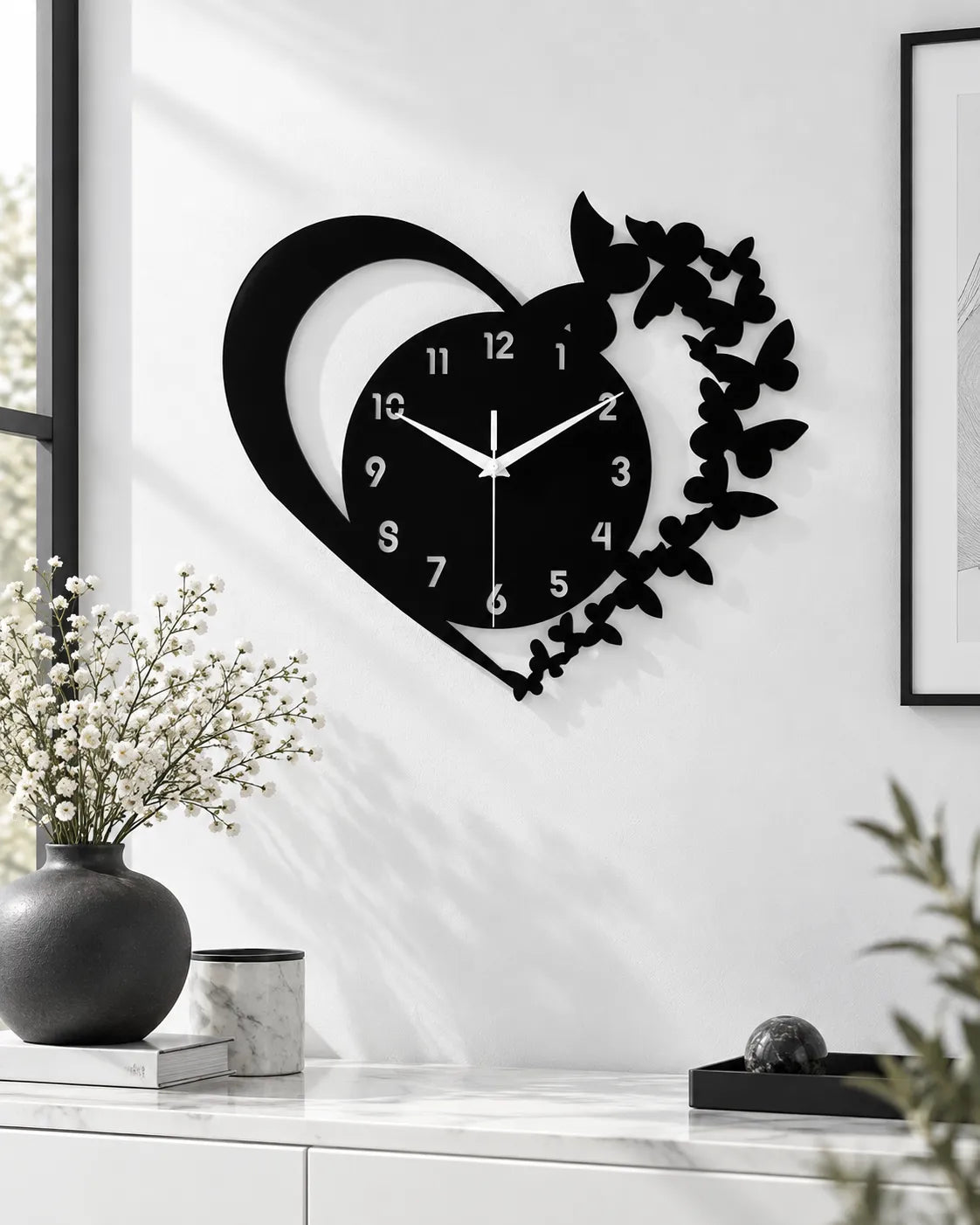 Horloge Murale Cœur Acrylique Noir 30 cm Silencieuse