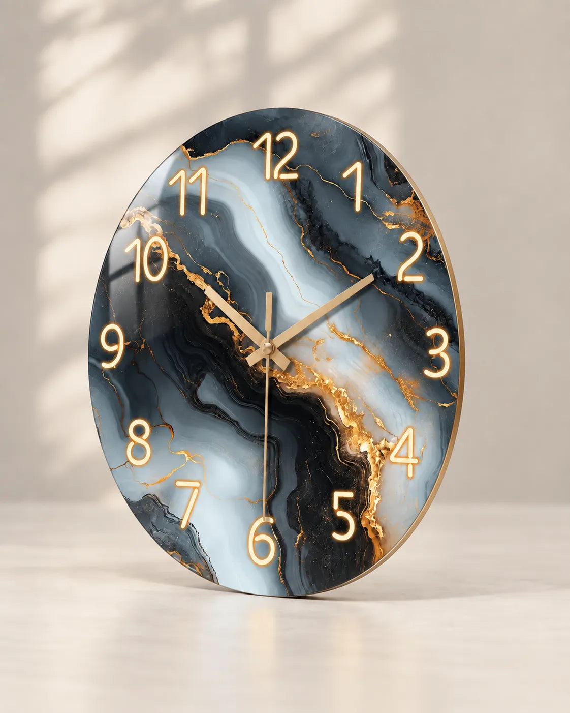 Horloge Murale Bois Effet Marbre Bleu et Or Silencieuse — 4 Tailles