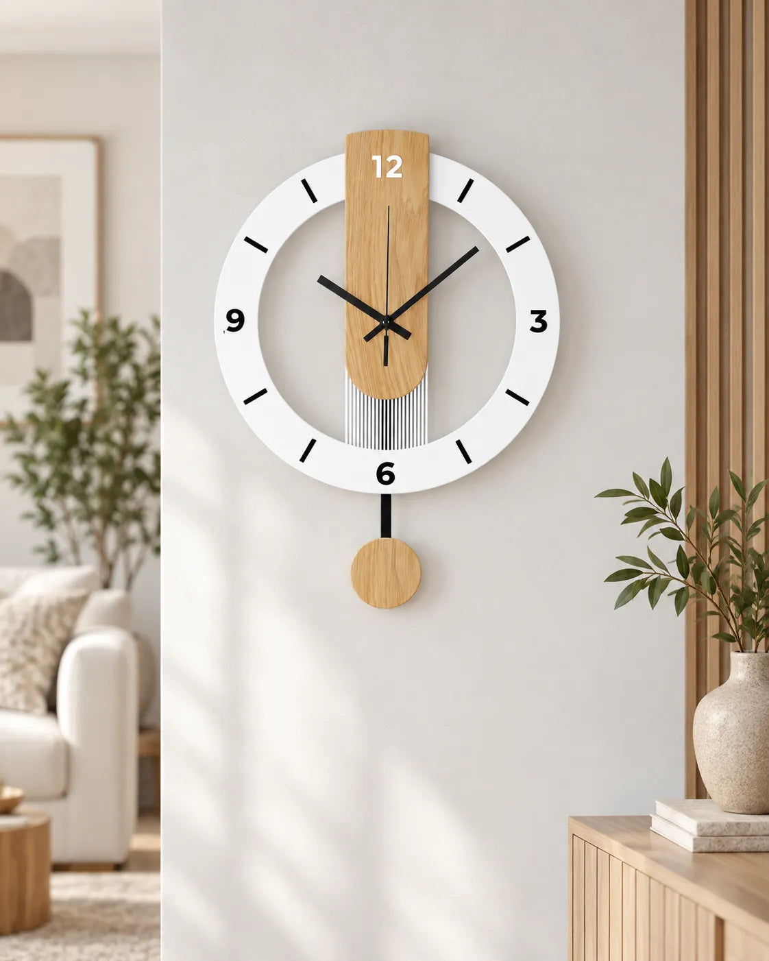 Horloge Murale à Balancier Acrylique Effet Bois Blanc 30 cm Silencieuse