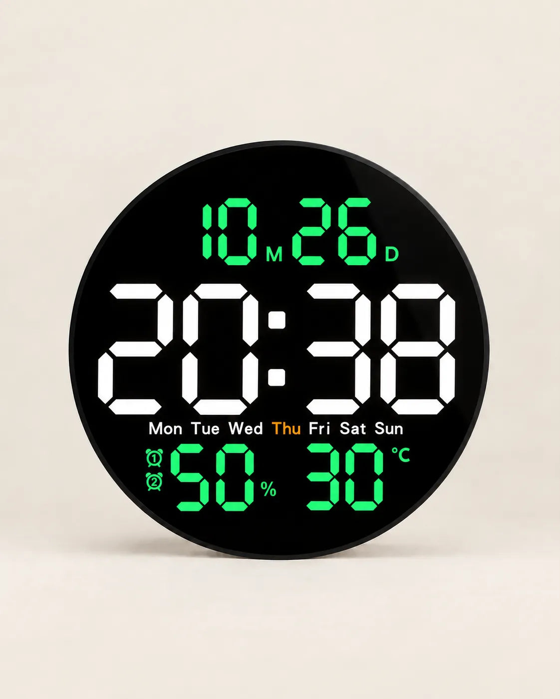 Horloge Murale LED Ronde 25 cm Double Alarme et Calendrier