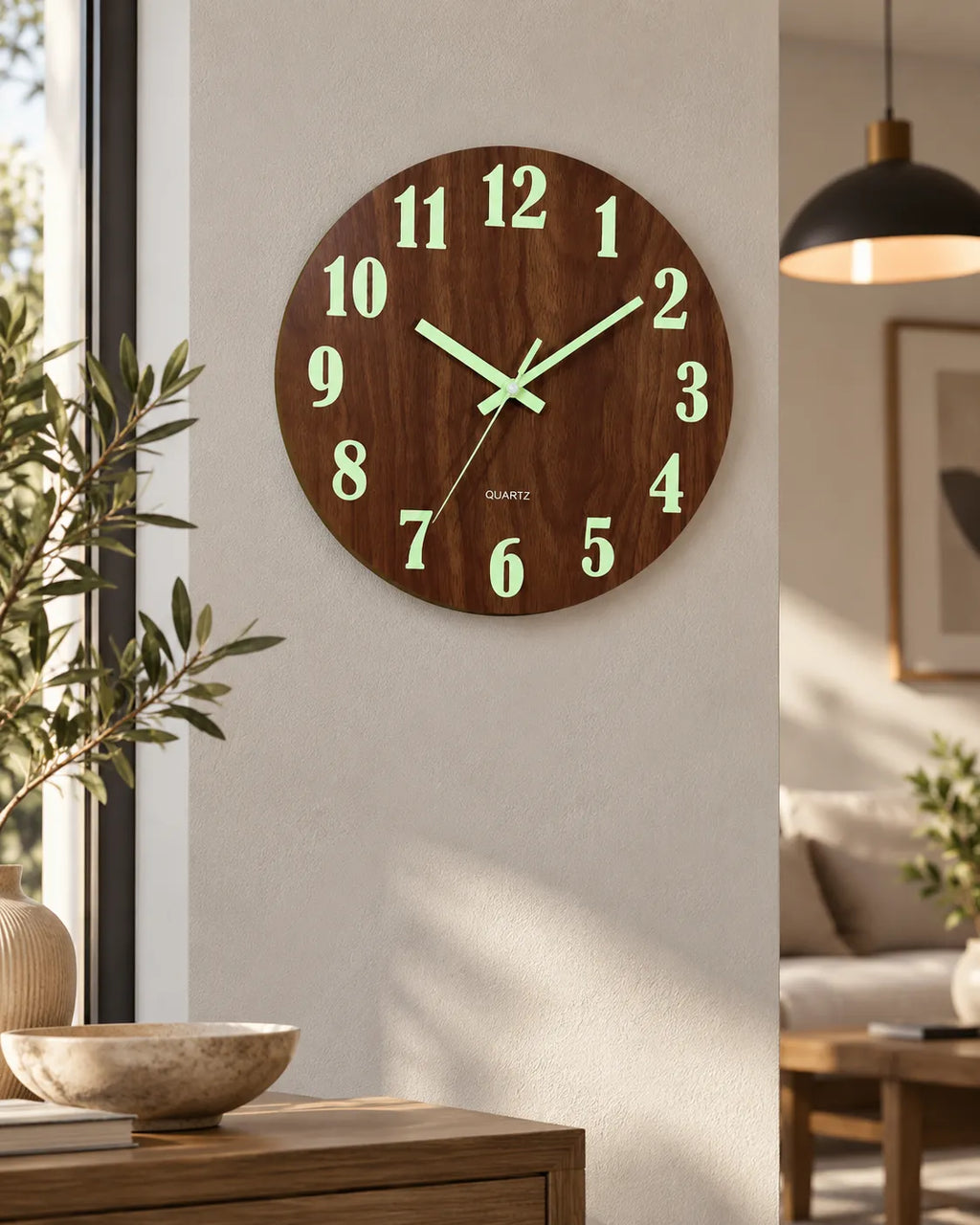 Horloge Murale Bois Marron 30 cm Lumineuse Silencieuse