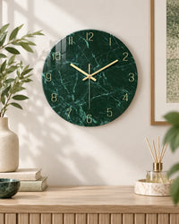 Horloge Murale Verre Trempé Effet Marbre Vert Foncé — 3 Tailles