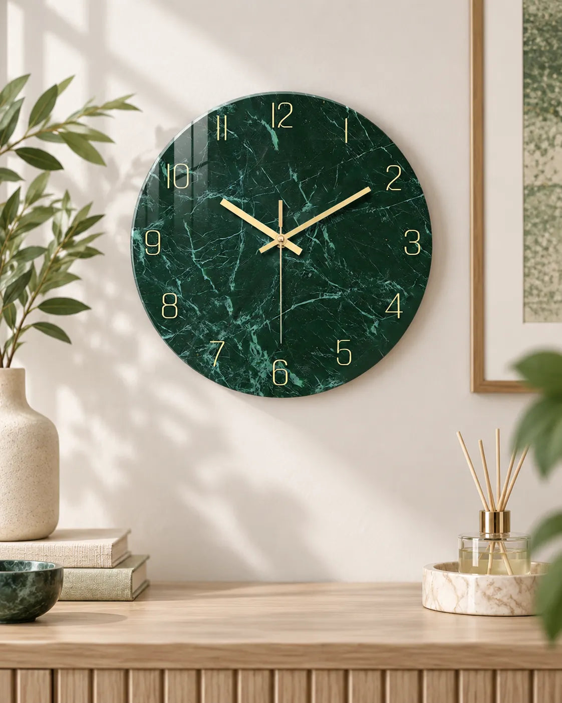 Horloge Murale Verre Trempé Effet Marbre Vert Foncé — 3 Tailles