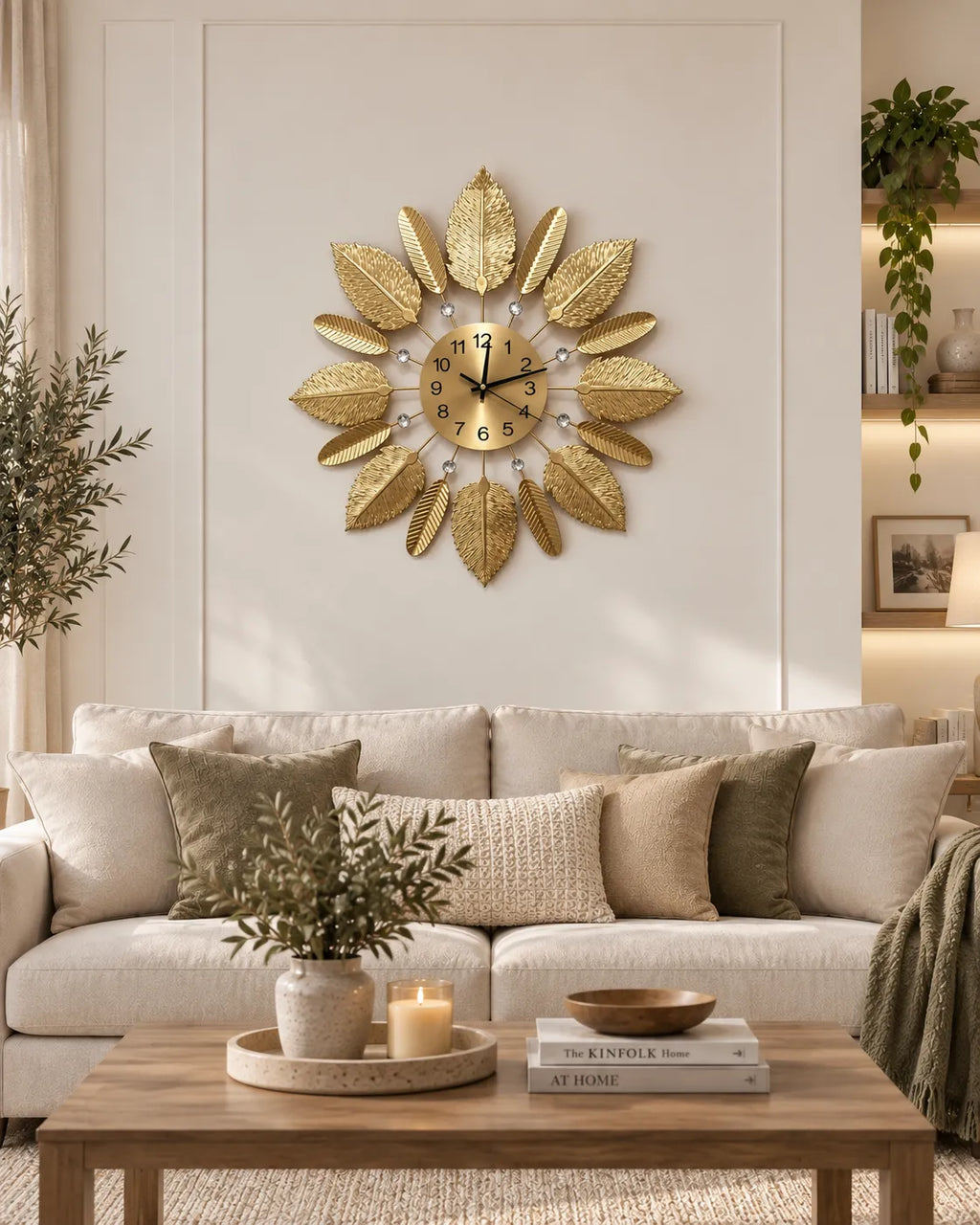 Horloge Murale Feuilles Métal Doré 53 cm Silencieuse