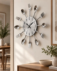 Horloge Murale Cuisine Couverts en Métal Argenté 32 cm Silencieuse
