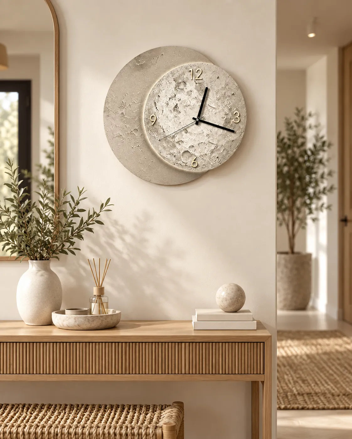 Horloge Murale Bois Lune Double Cercle 40 × 38 cm Silencieuse