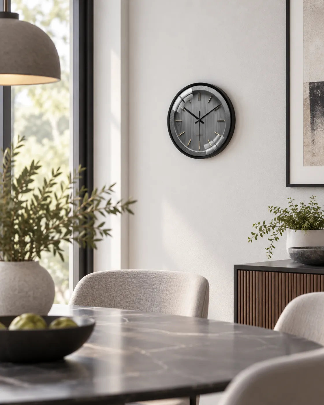 Horloge Murale Effet Bois Gris et Laiton Silencieuse