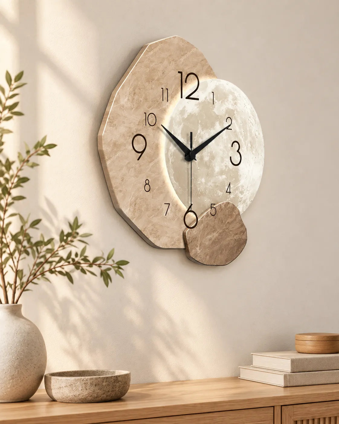 Horloge Murale Lune en Bois Rétroéclairée Silencieuse — 2 Tailles