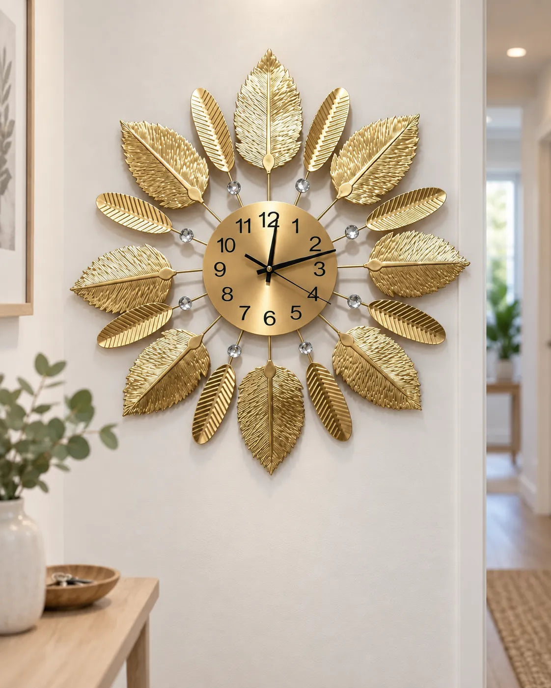 Horloge Murale Feuilles Métal Doré 53 cm Silencieuse