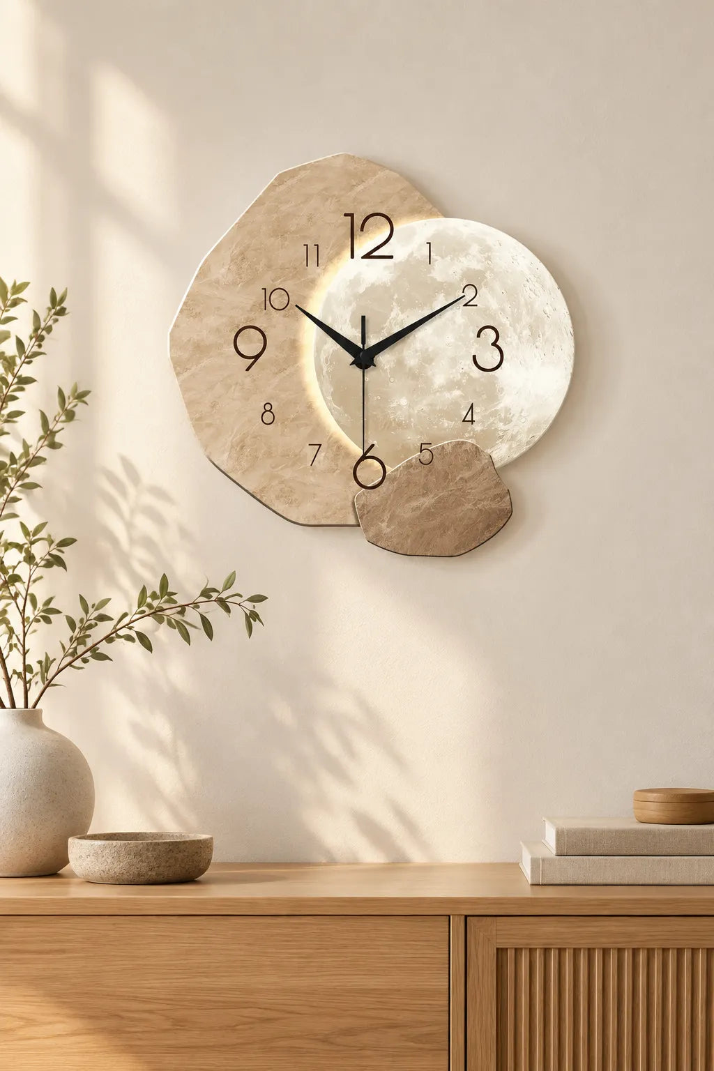Horloge Murale Lune en Bois Rétroéclairée Silencieuse — 2 Tailles