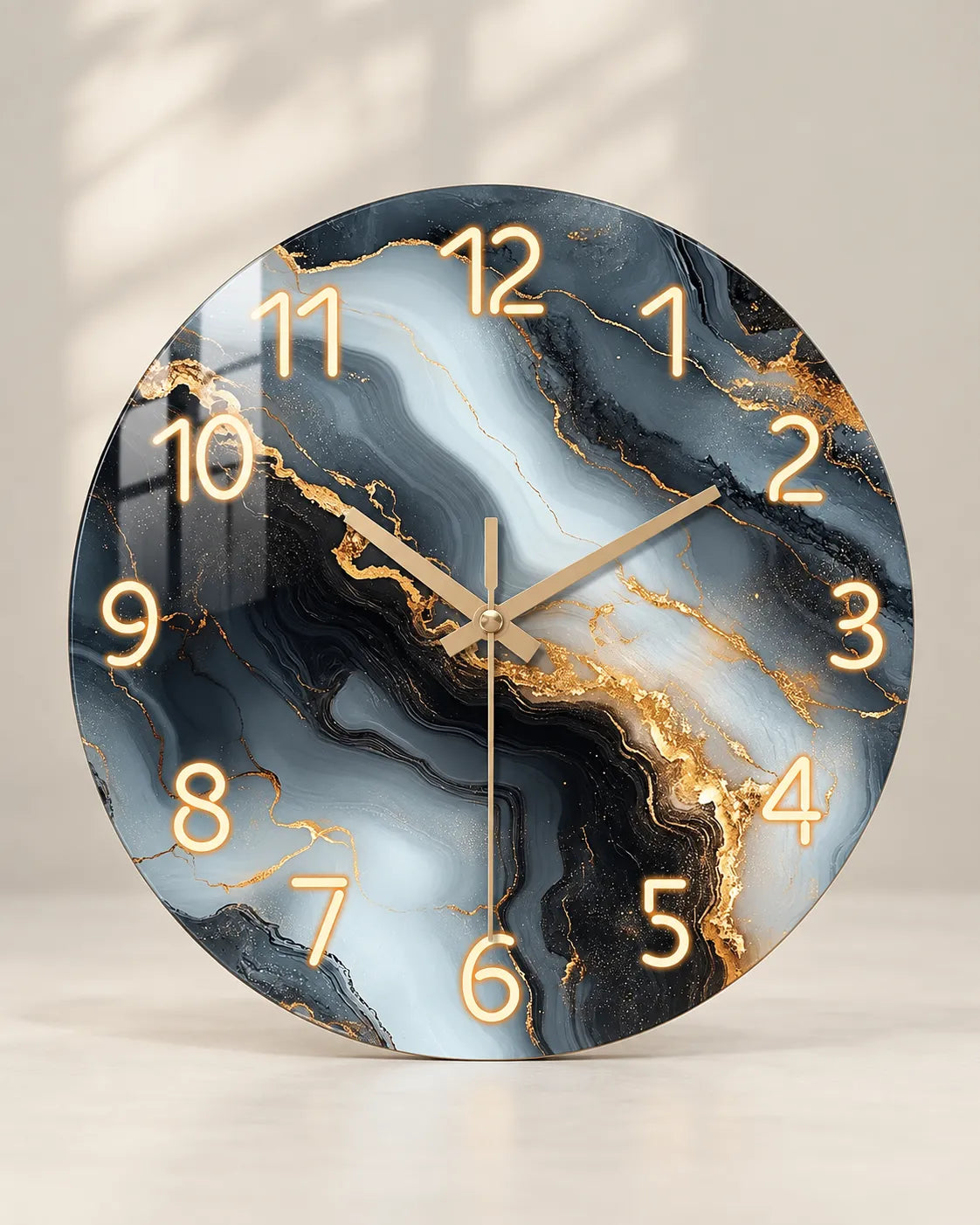 Horloge Murale Bois Effet Marbre Bleu et Or Silencieuse — 4 Tailles