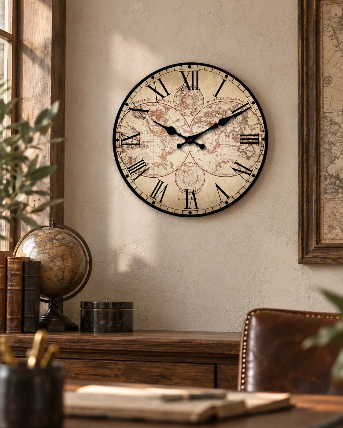 Horloge Murale Bois Marine Motif Boussole Silencieuse — 4 Tailles