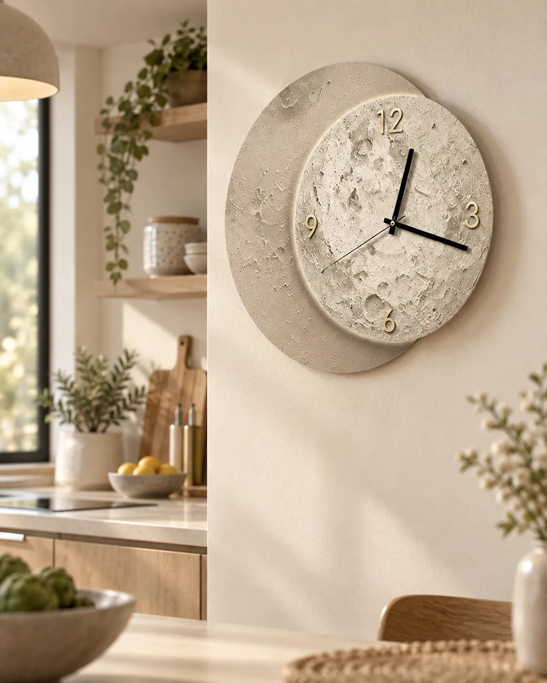 Horloge Murale Bois Lune Double Cercle 40 × 38 cm Silencieuse