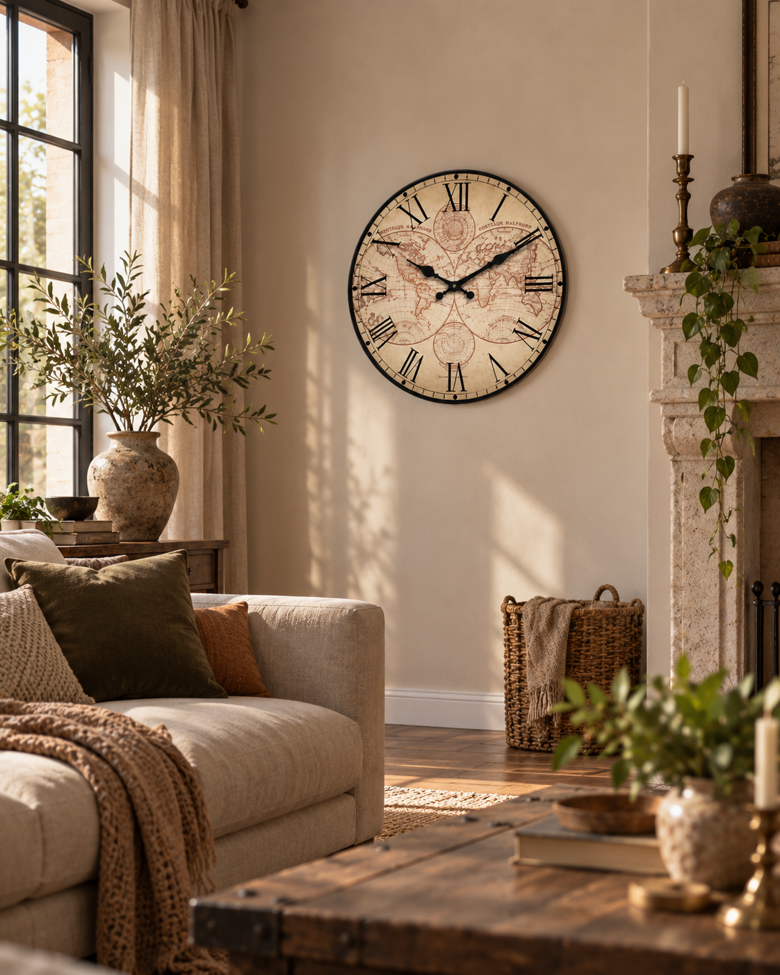 Horloge Murale Bois Marine Motif Boussole Silencieuse — 4 Tailles
