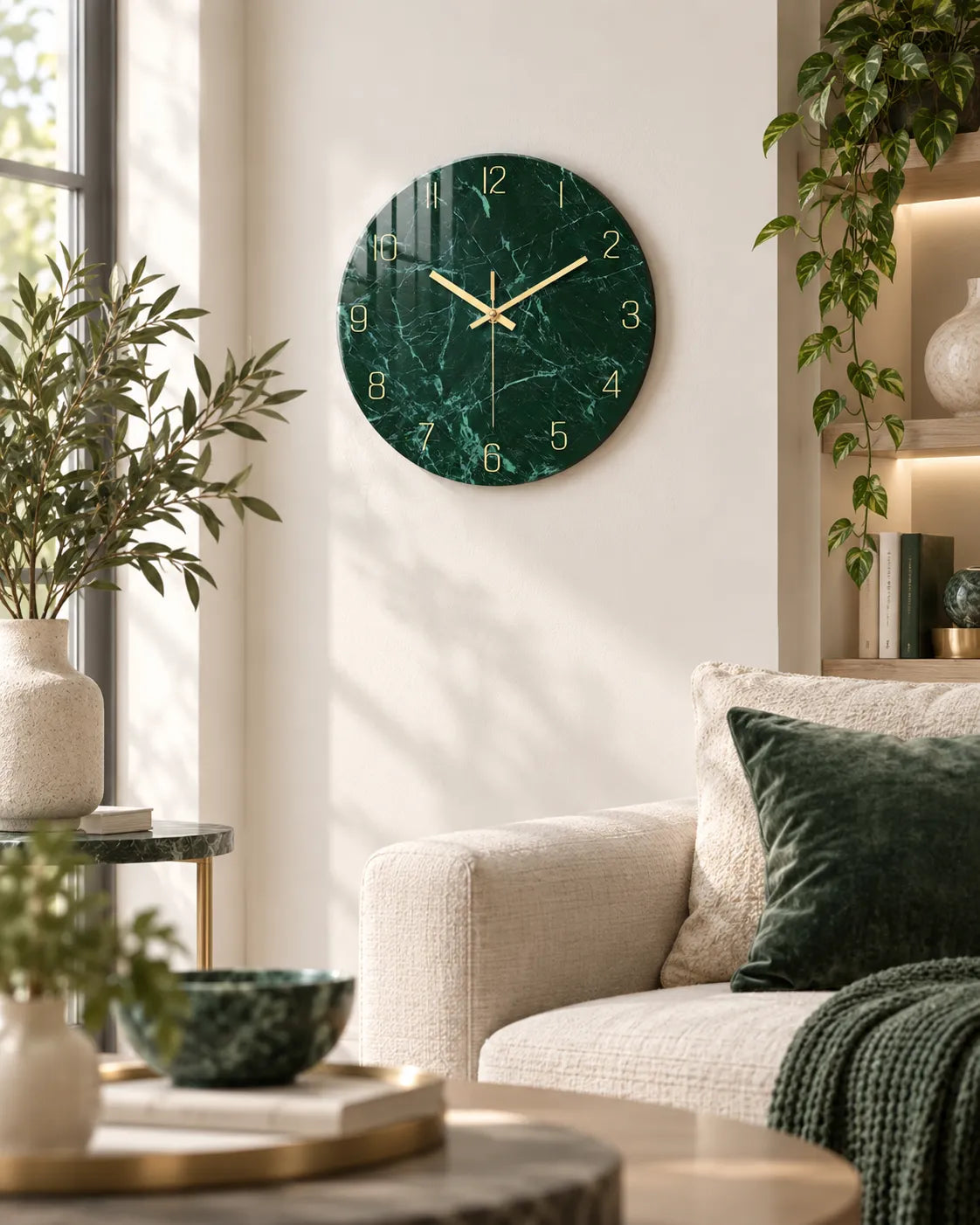 Horloge Murale Verre Trempé Effet Marbre Vert Foncé — 3 Tailles