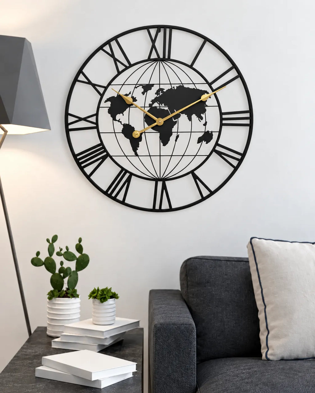 Horloge Murale Métal Noir Motif Carte Silencieuse — 2 Tailles