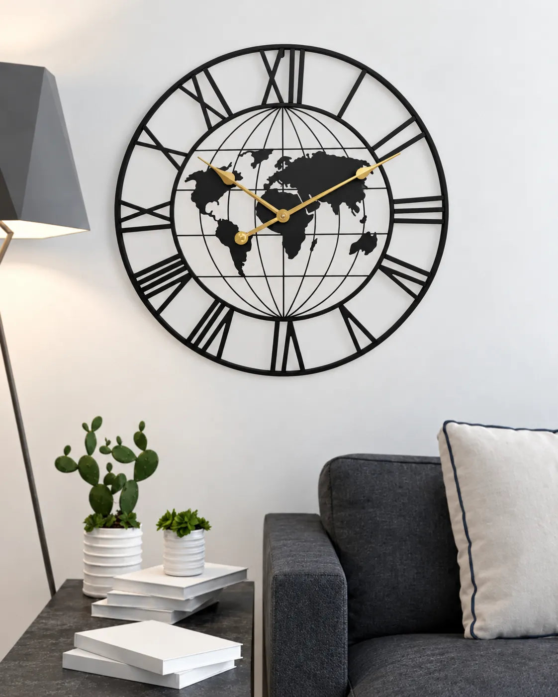 Horloge Murale Métal Noir Motif Carte Silencieuse — 2 Tailles