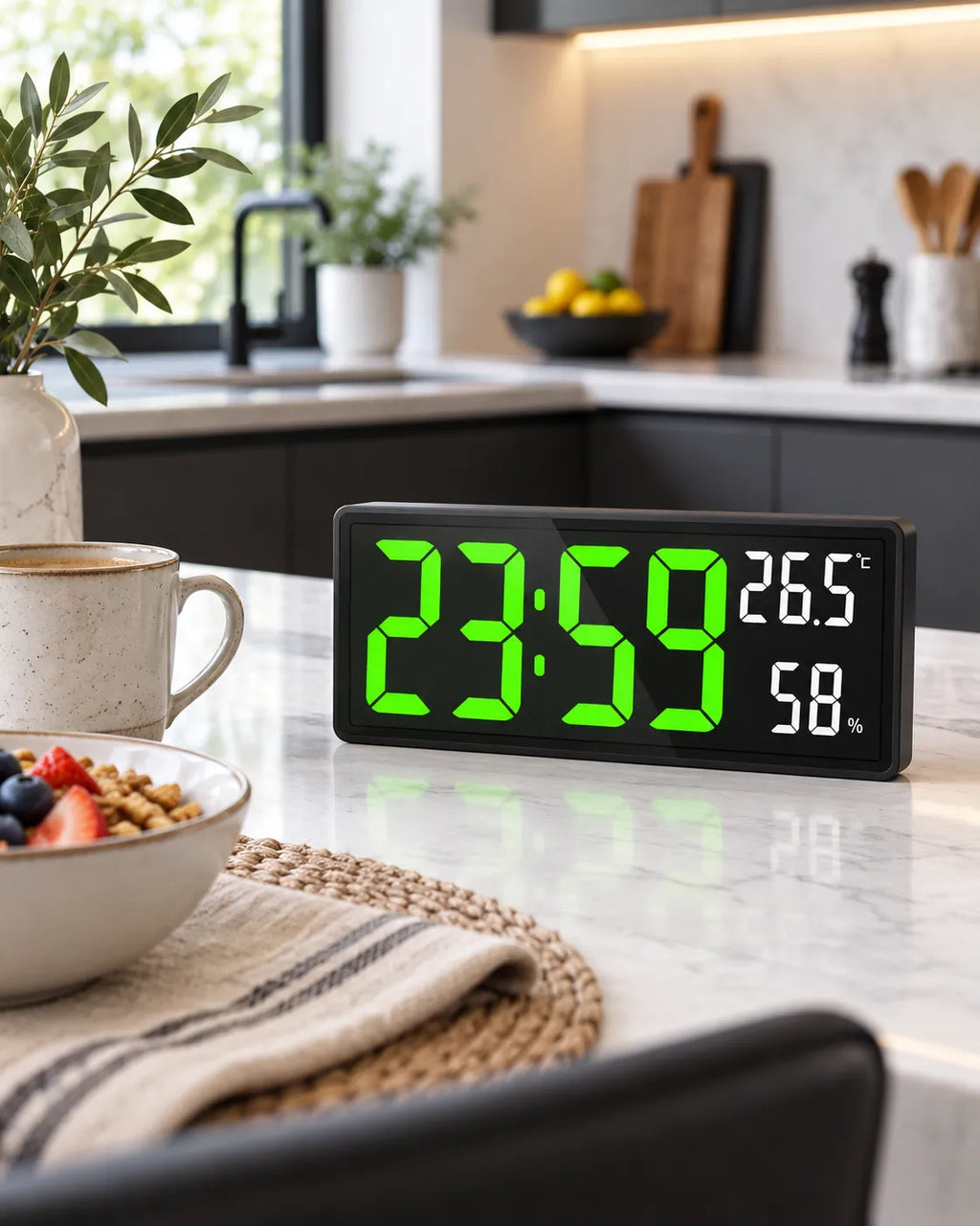 Horloge Murale LED 36,3 cm Température et Humidité avec Mode Nuit