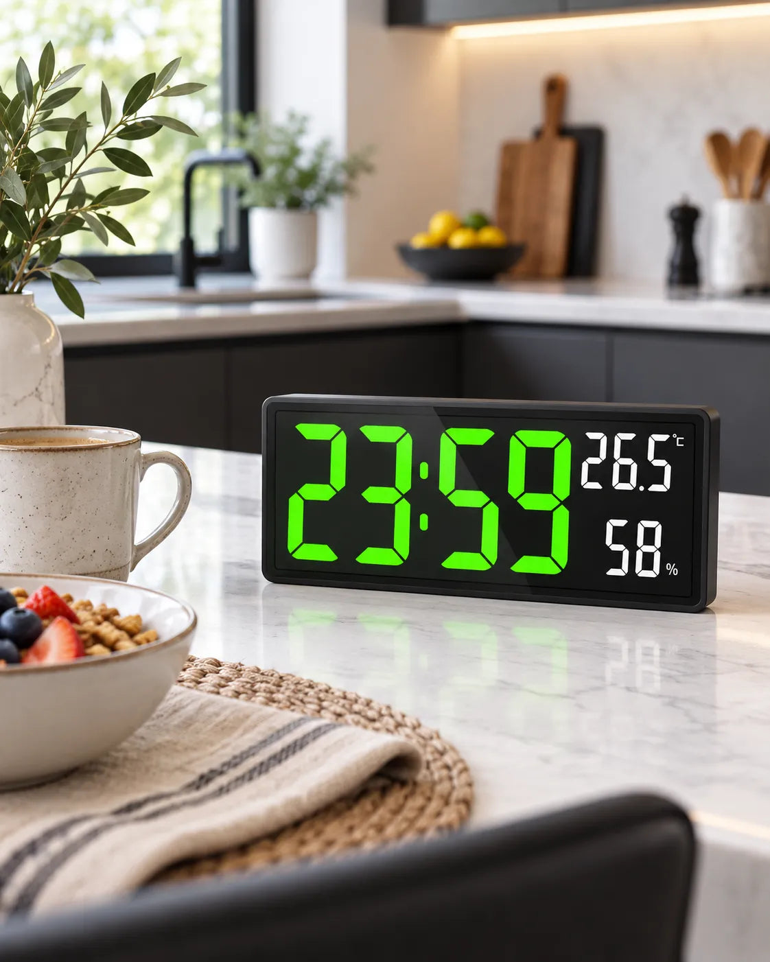 Horloge Murale LED 36,3 cm Température et Humidité avec Mode Nuit