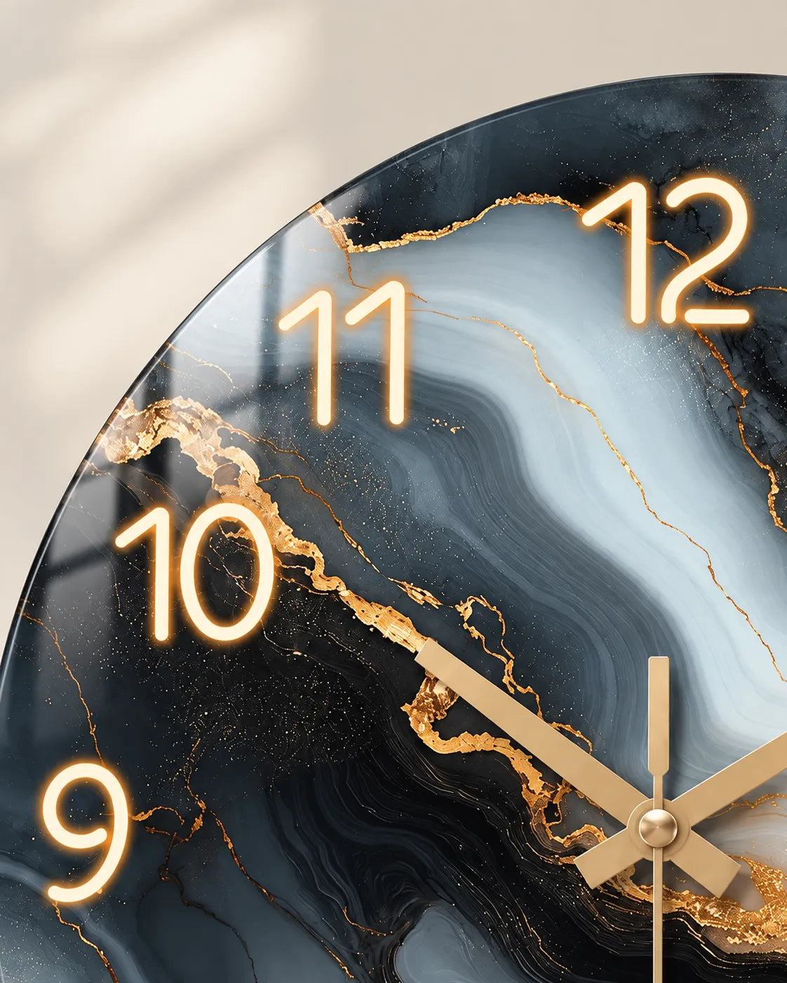 Horloge Murale Bois Effet Marbre Bleu et Or Silencieuse — 4 Tailles