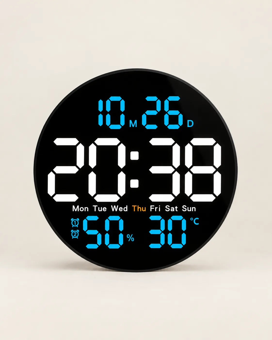 Horloge Murale LED Ronde 25 cm Double Alarme et Calendrier