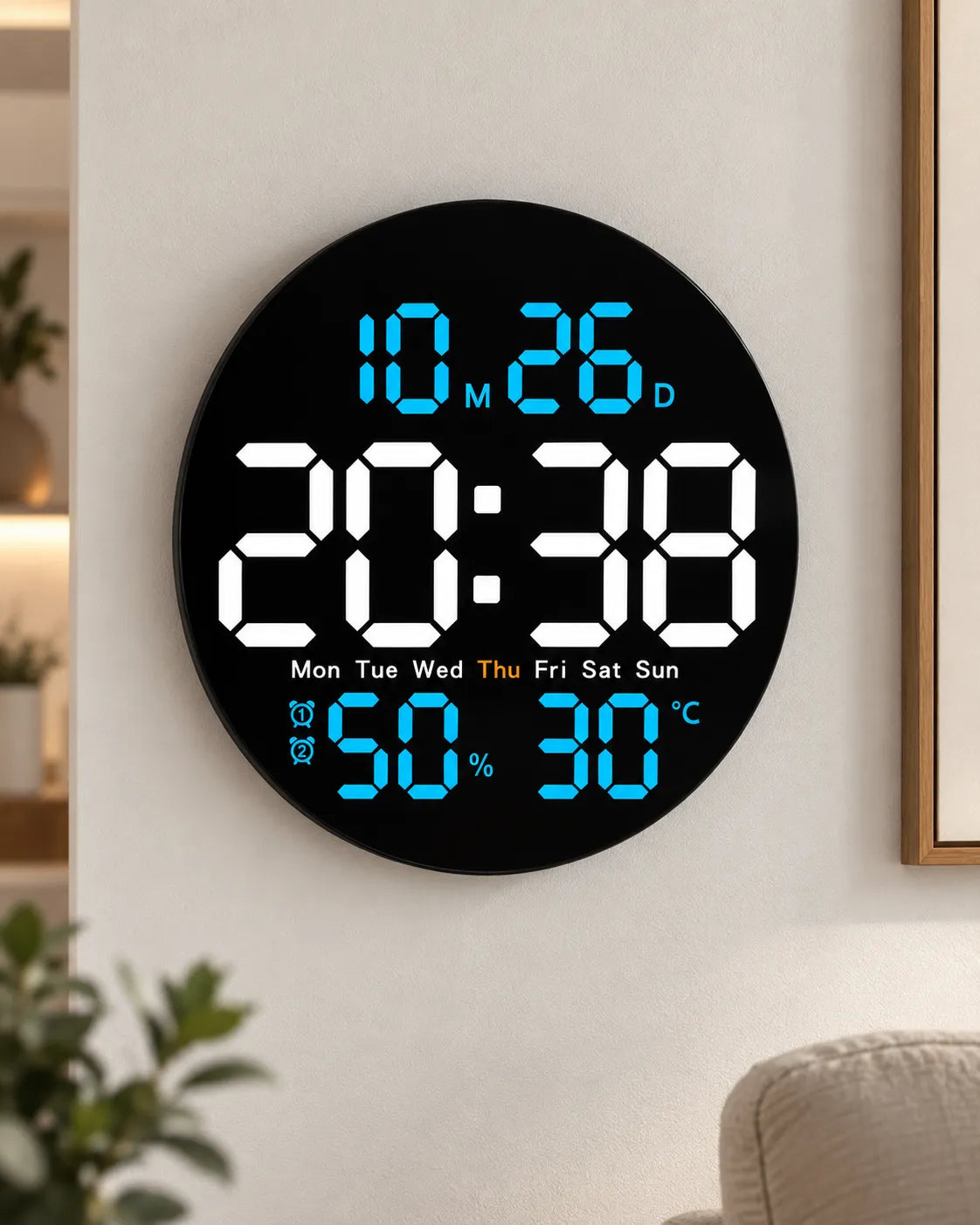 Horloge Murale LED Ronde 25 cm Double Alarme et Calendrier
