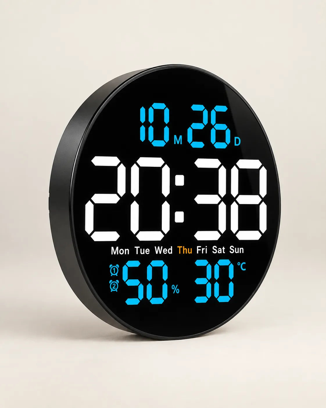 Horloge Murale LED Ronde 25 cm Double Alarme et Calendrier
