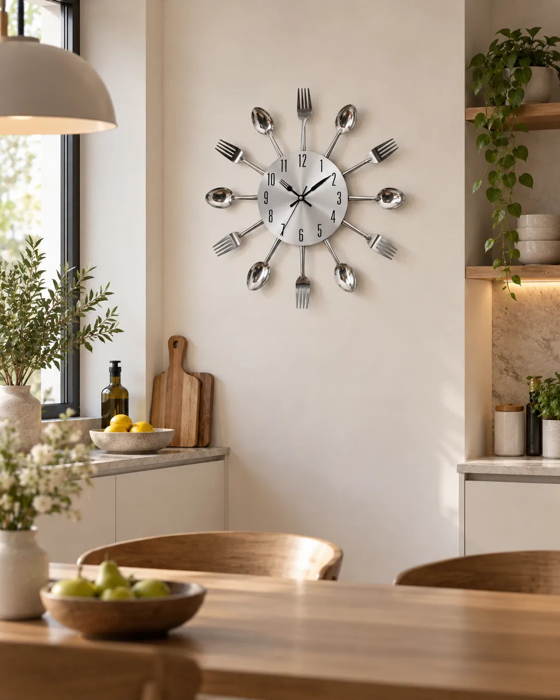 Horloge Murale Cuisine Couverts en Métal Argenté 32 cm Silencieuse