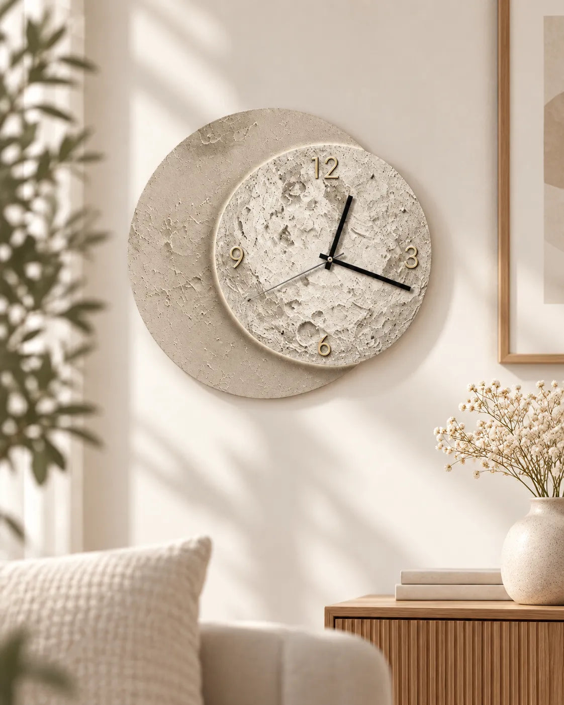 Horloge Murale Bois Lune Double Cercle 40 × 38 cm Silencieuse