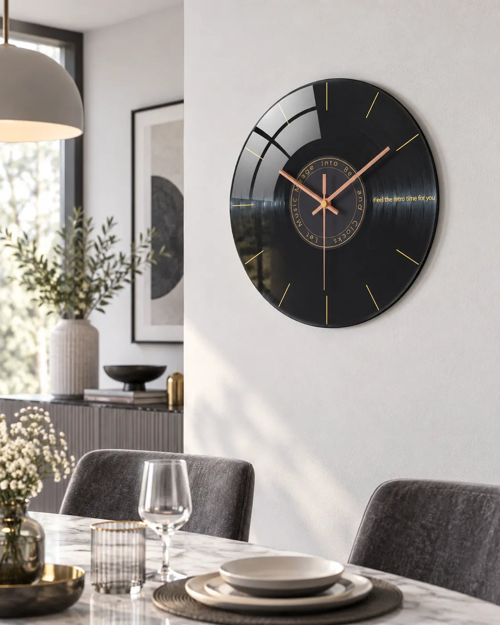 Horloge Murale Musique Verre Trempé Motif Vinyle Silencieuse