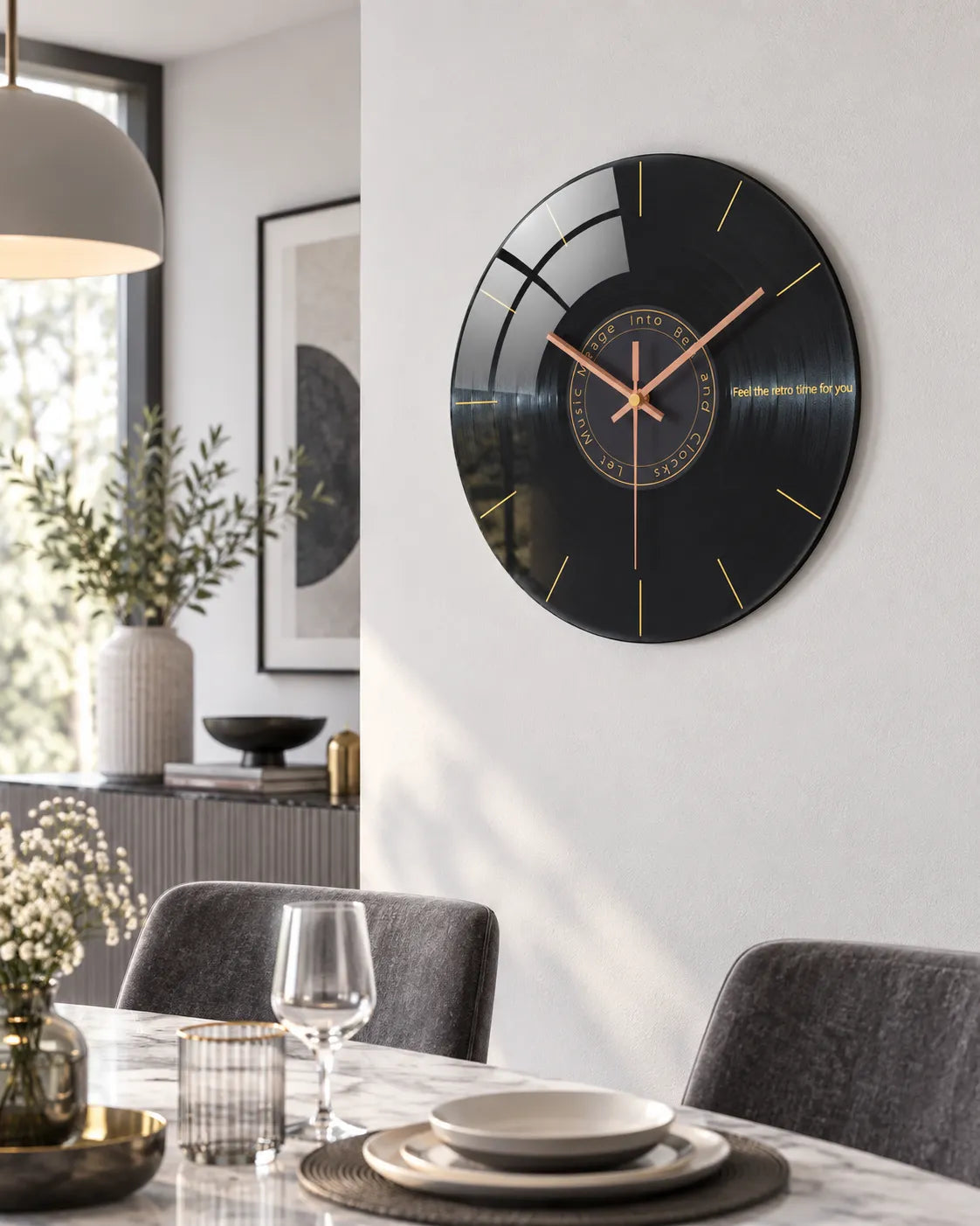 Horloge Murale Musique Verre Trempé Motif Vinyle Silencieuse