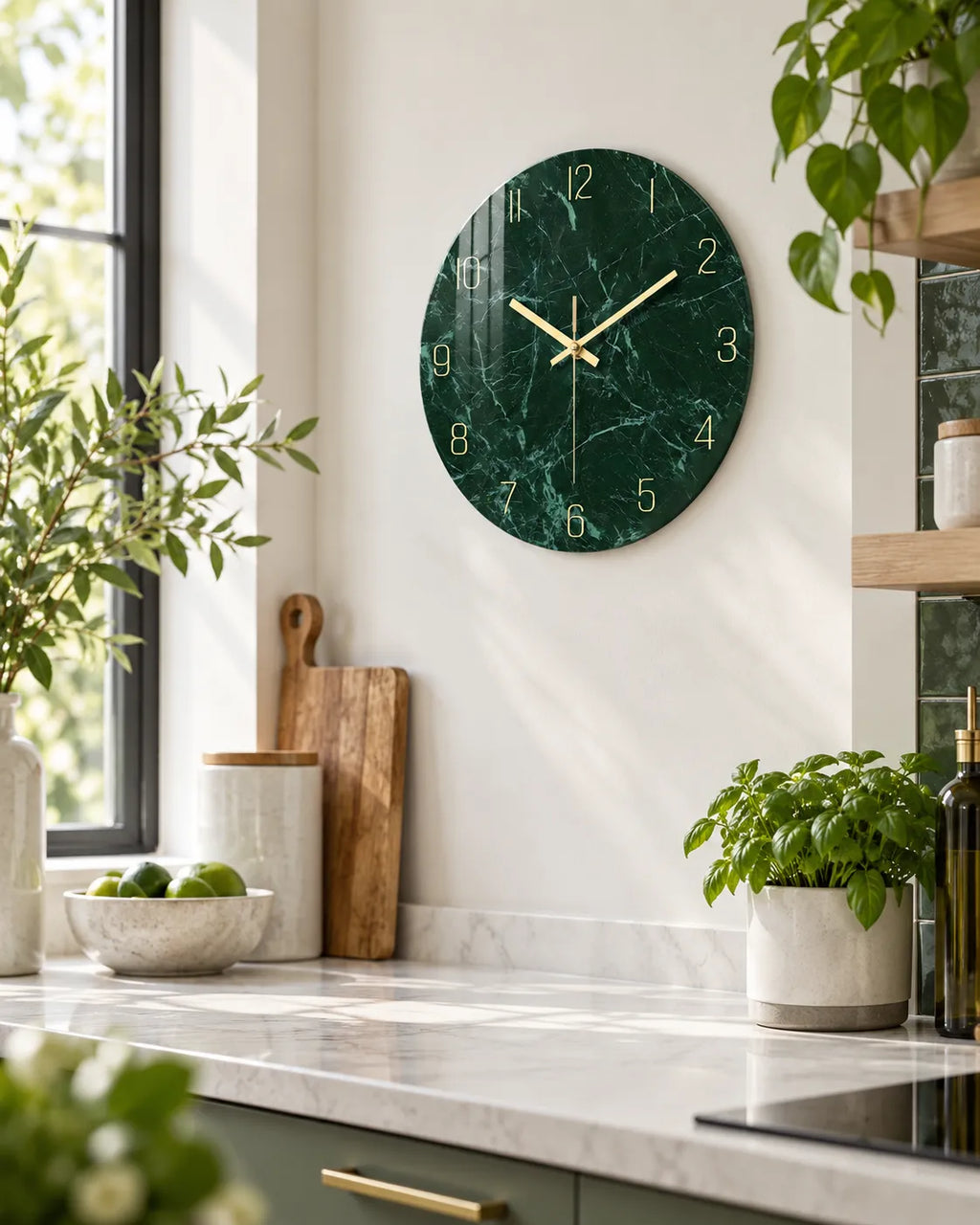 Horloge Murale Verre Trempé Effet Marbre Vert Foncé — 3 Tailles