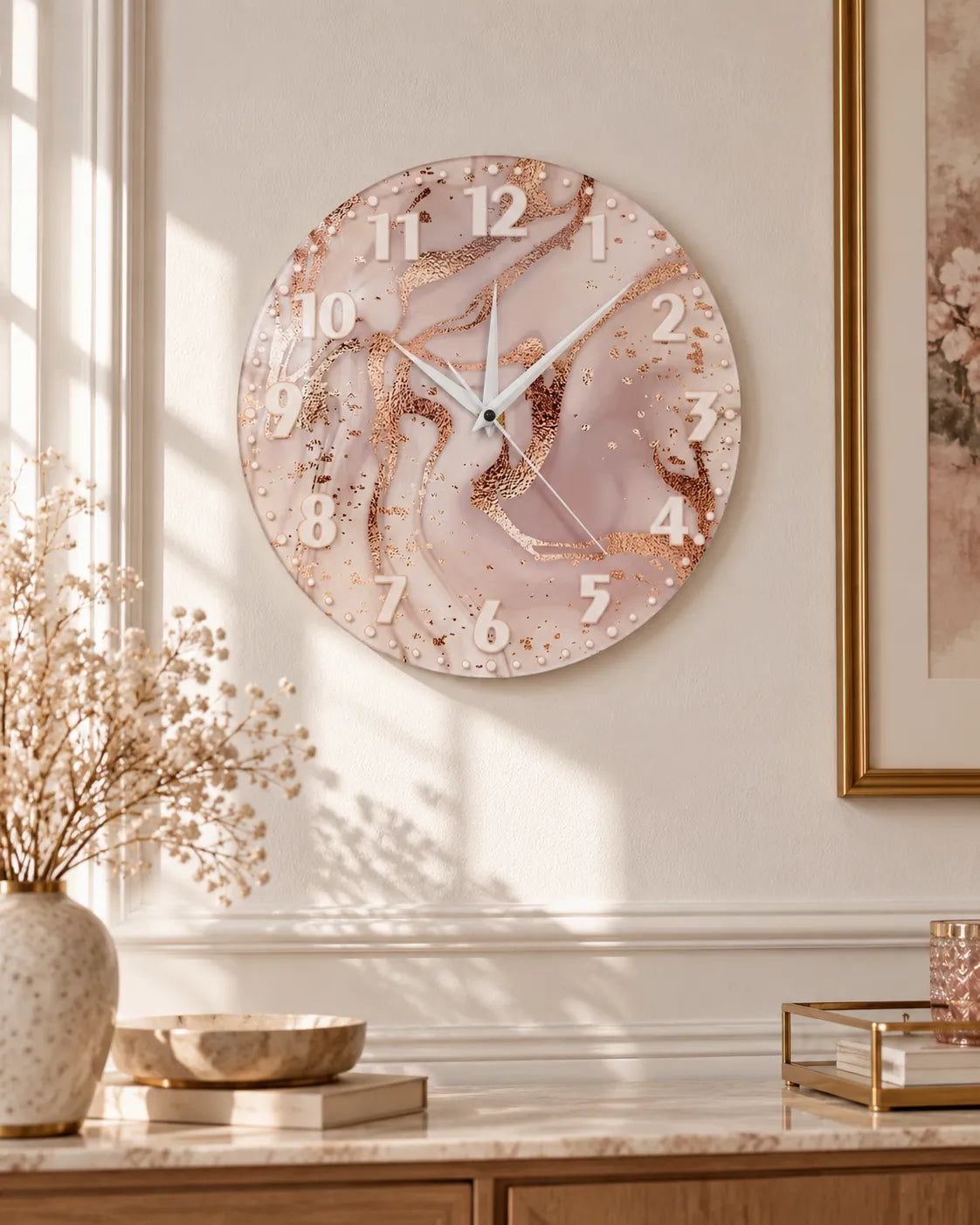 Horloge Murale Acrylique Effet Marbre Rose et Or Rose 30 cm Silencieuse