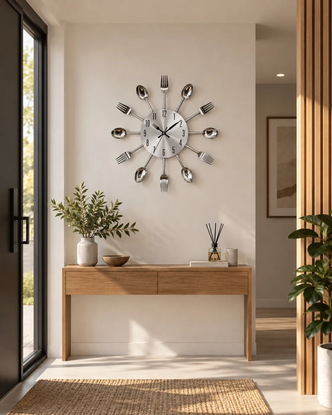 Horloge Murale Cuisine Couverts en Métal Argenté 32 cm Silencieuse