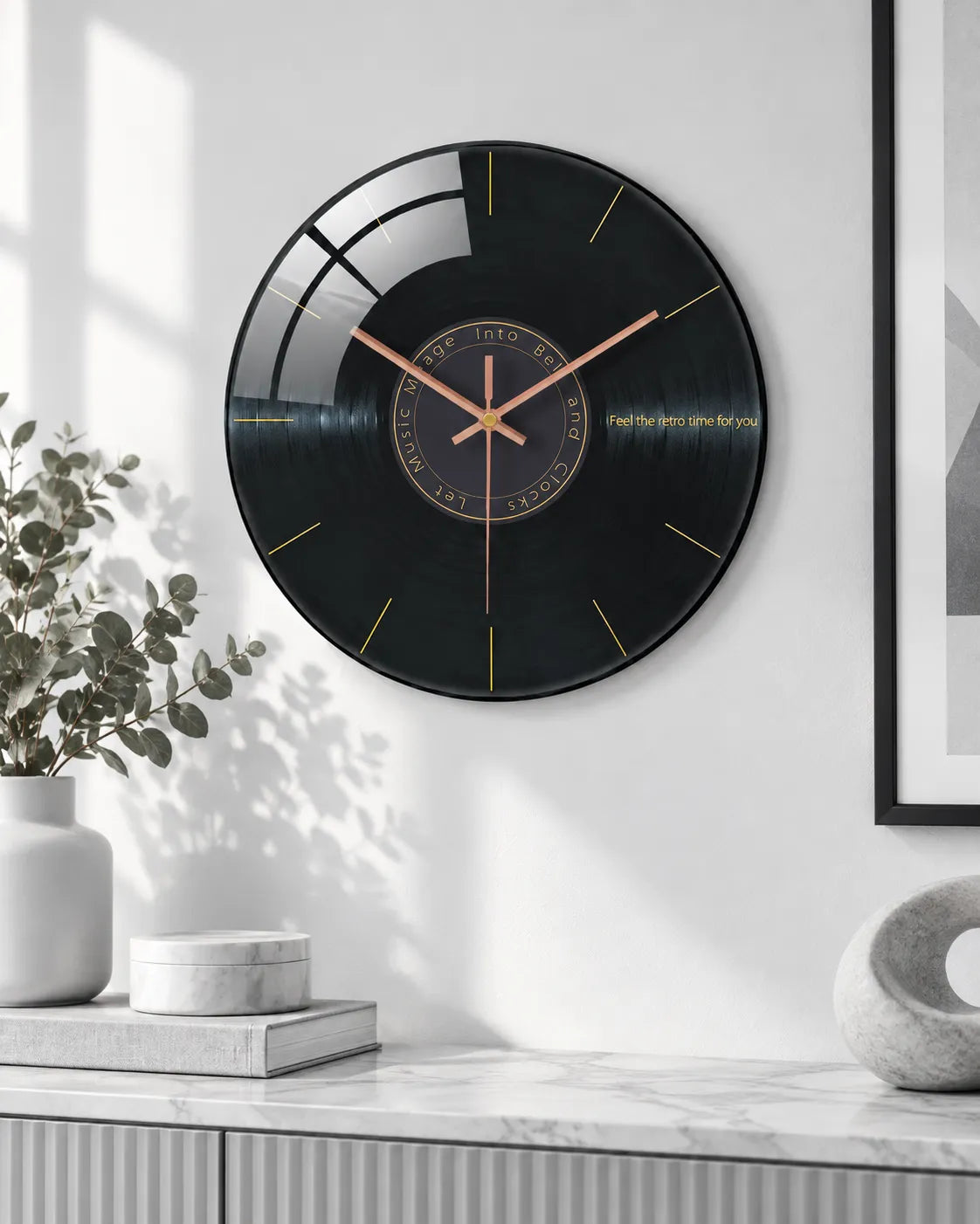 Horloge Murale Musique Verre Trempé Motif Vinyle Silencieuse
