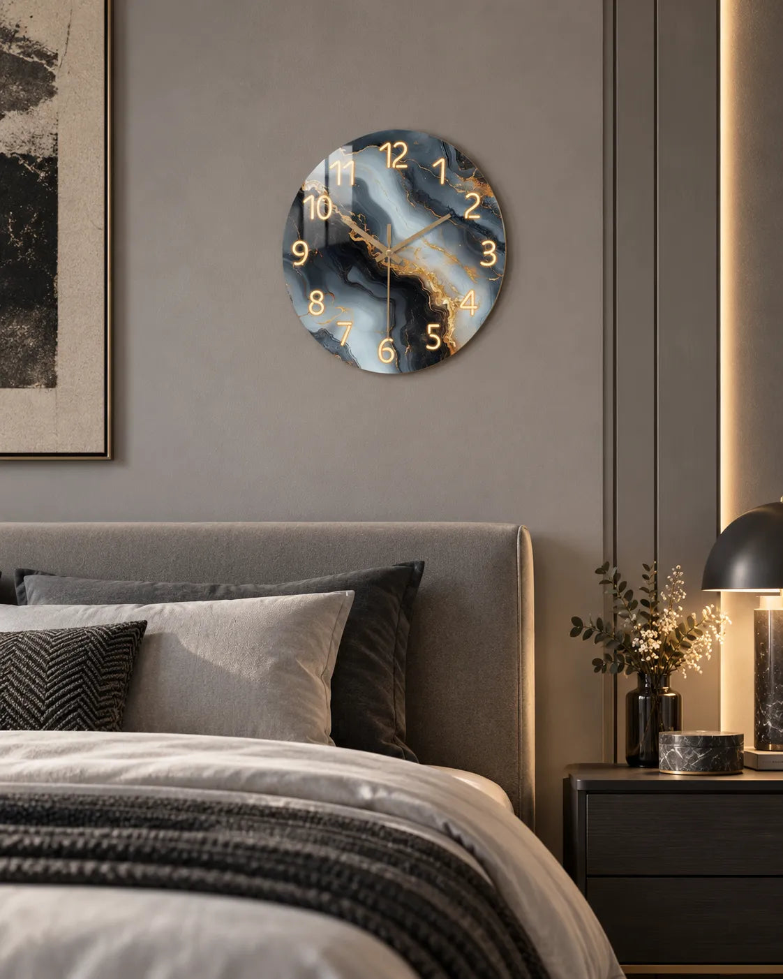 Horloge Murale Bois Effet Marbre Bleu et Or Silencieuse — 4 Tailles