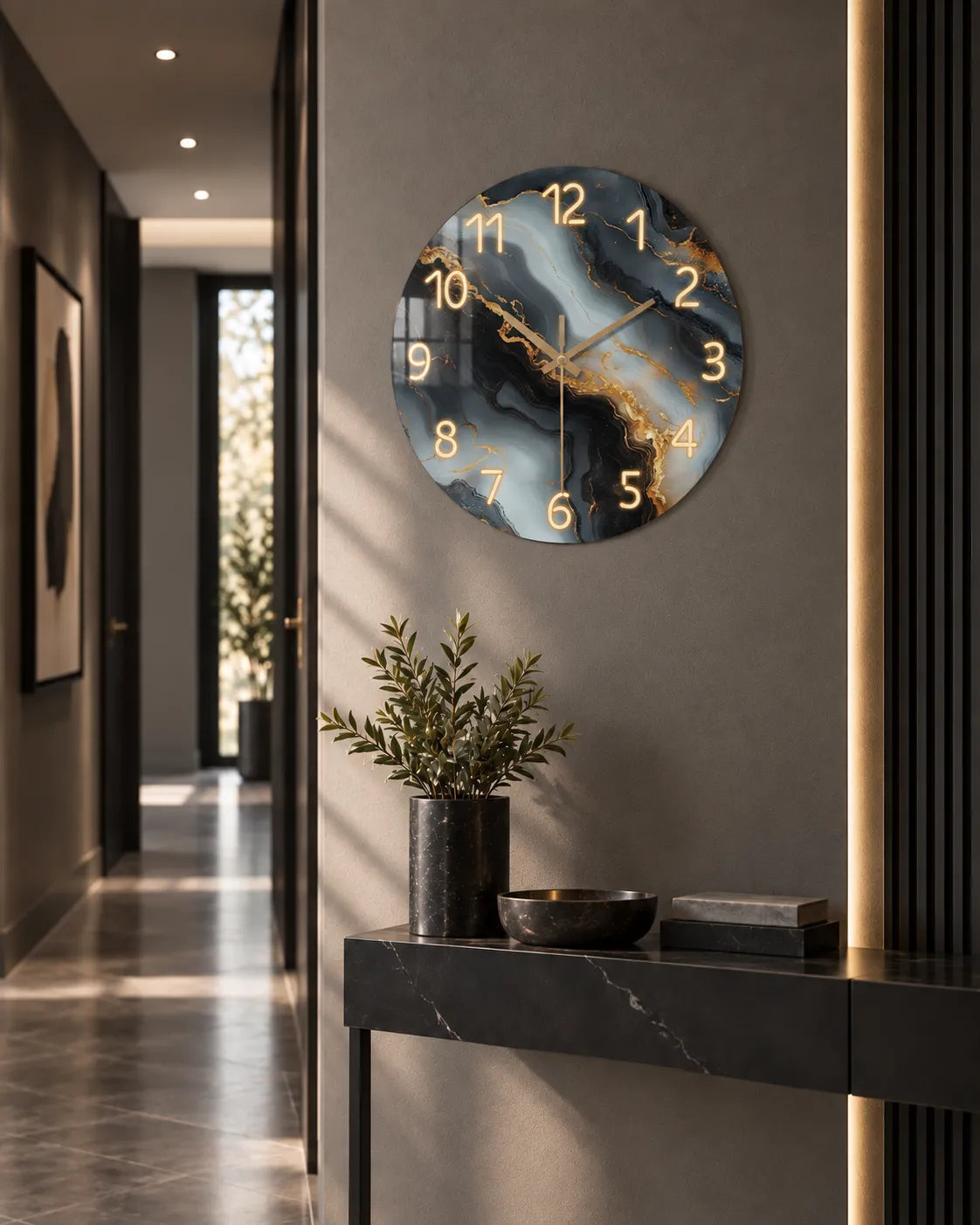 Horloge Murale Bois Effet Marbre Bleu et Or Silencieuse — 4 Tailles