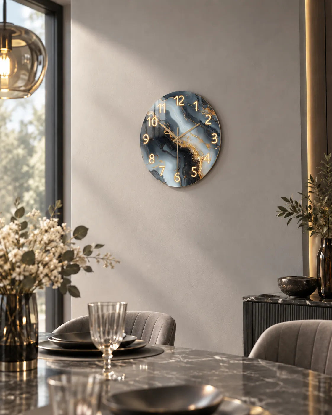 Horloge Murale Bois Effet Marbre Bleu et Or Silencieuse — 4 Tailles
