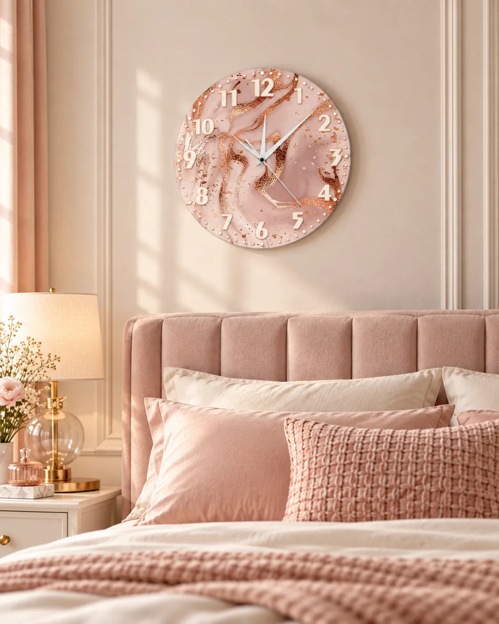 Horloge Murale Acrylique Effet Marbre Rose et Or Rose 30 cm Silencieuse