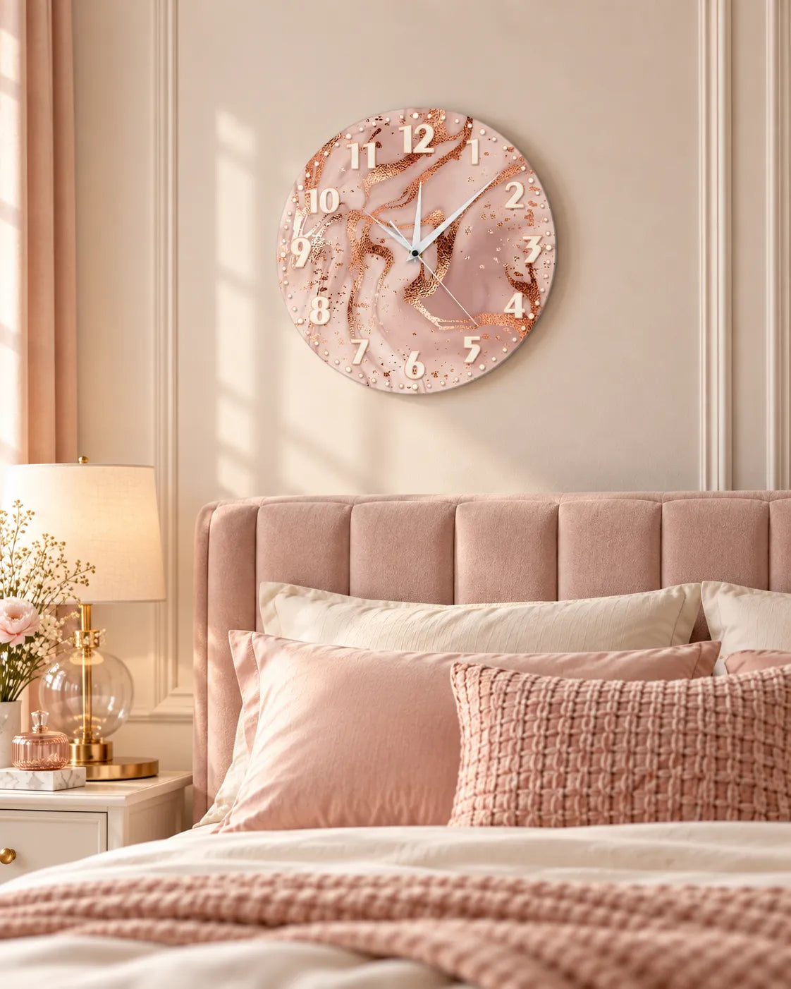 Horloge Murale Acrylique Effet Marbre Rose et Or Rose 30 cm Silencieuse