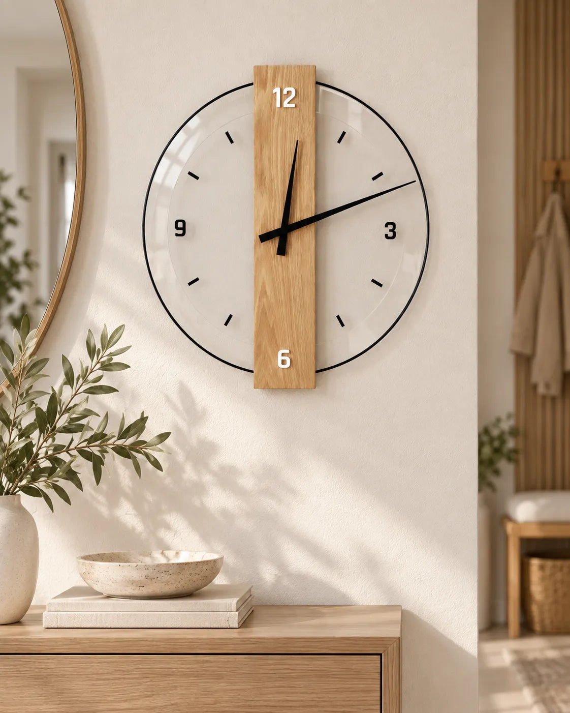 Horloge Murale Bois et Verre Bande Verticale Silencieuse