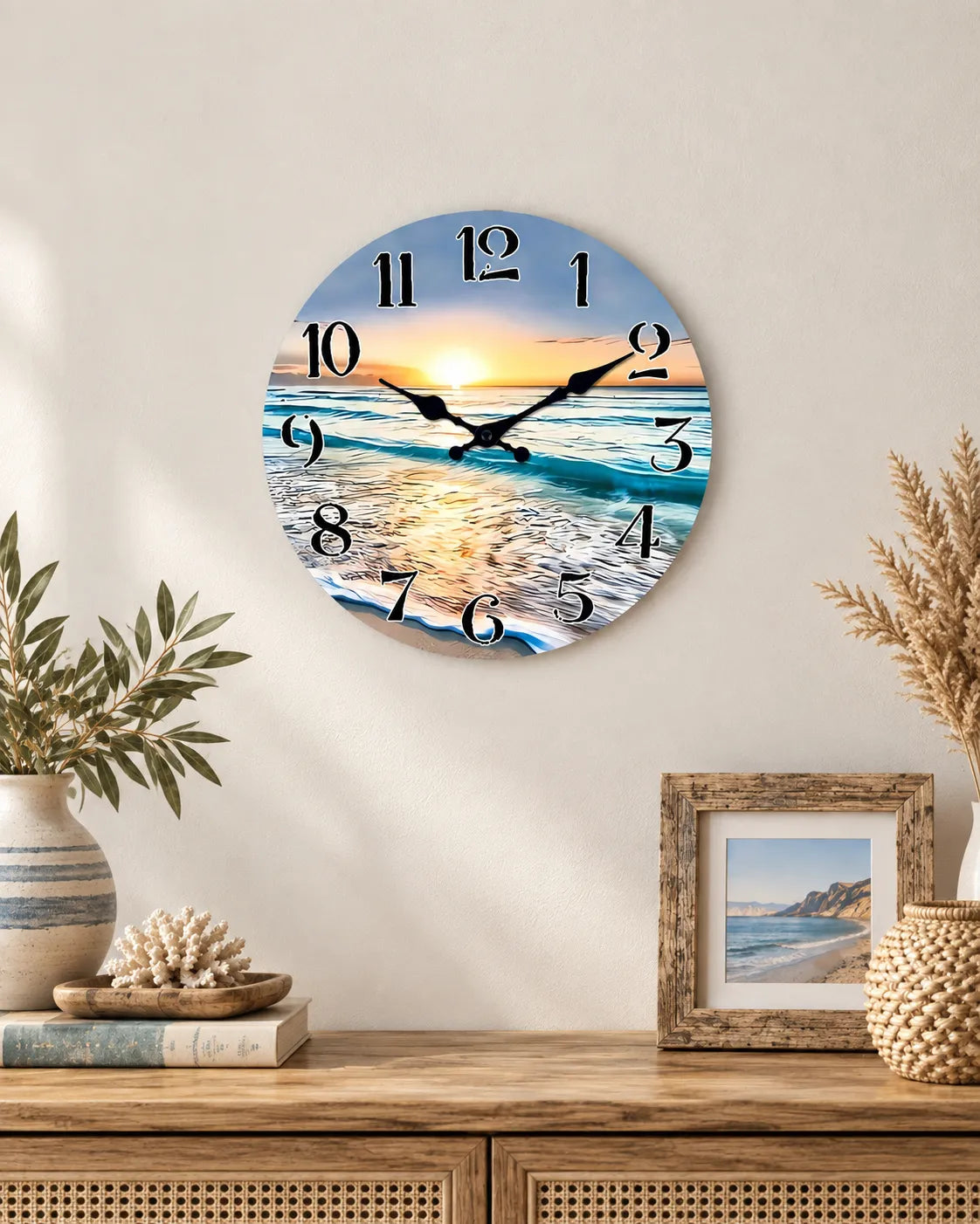 Horloge Murale Bois Coucher de Soleil sur Mer Silencieuse — 4 Tailles